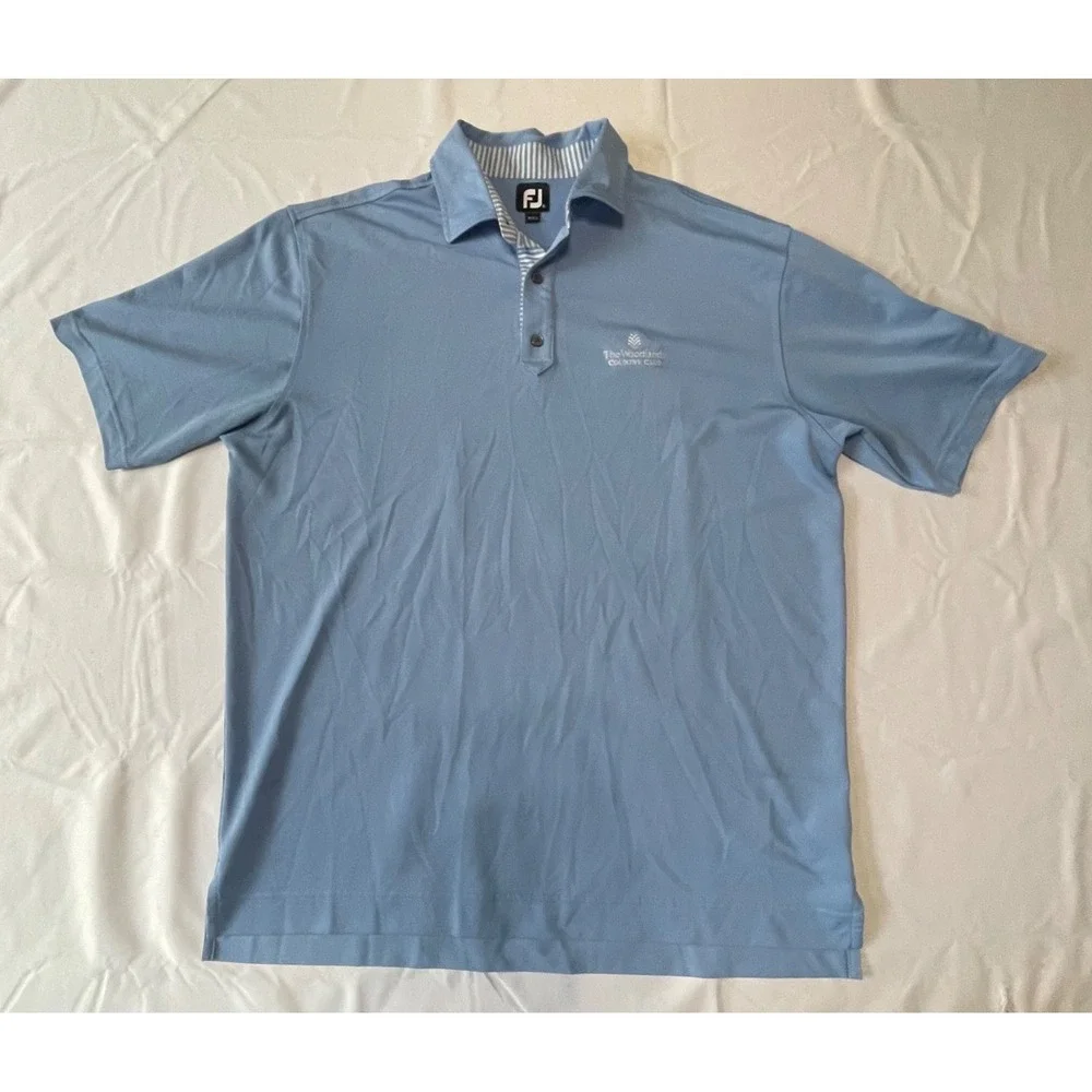 FJ Golf Polo Shirt Size XL Blue White Striped The Woodlands Country Club
